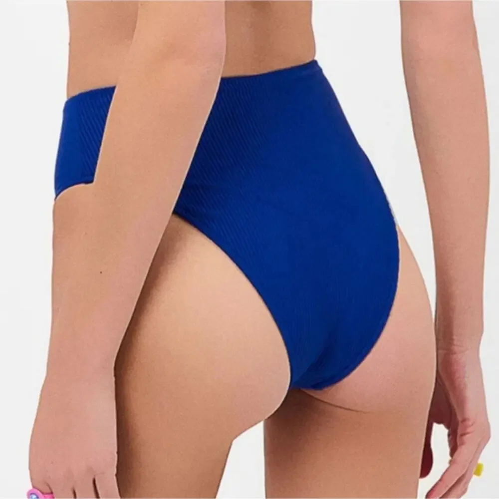 Frankie’s Bikinis Jenna High Waisted Bikini Bottom Cerulean Blue Ribbed Size XS